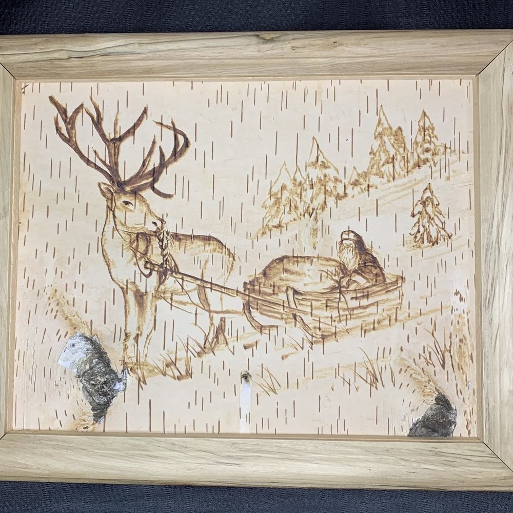 Handmade Birch Bark Pyrography Santa Reindeer Wall Art Wood Burning Christmas